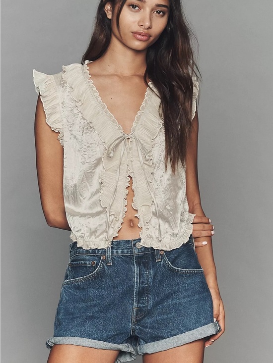 Maeve Tops - Maeve Cream Ruffled Tie-Front Blouse